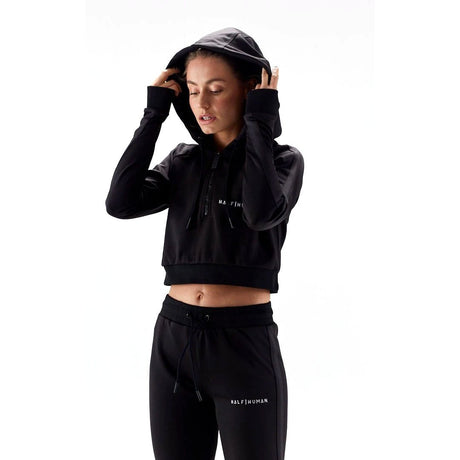 |Half Human Ladies Cropped Poly Tracksuit Hoodie - Hood on|